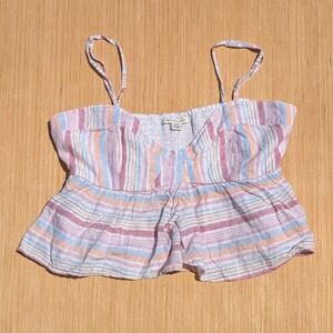 American Eagle‎ Crop Top Women Medium Striped Smocked Cami Peplum Rainbow Pastel